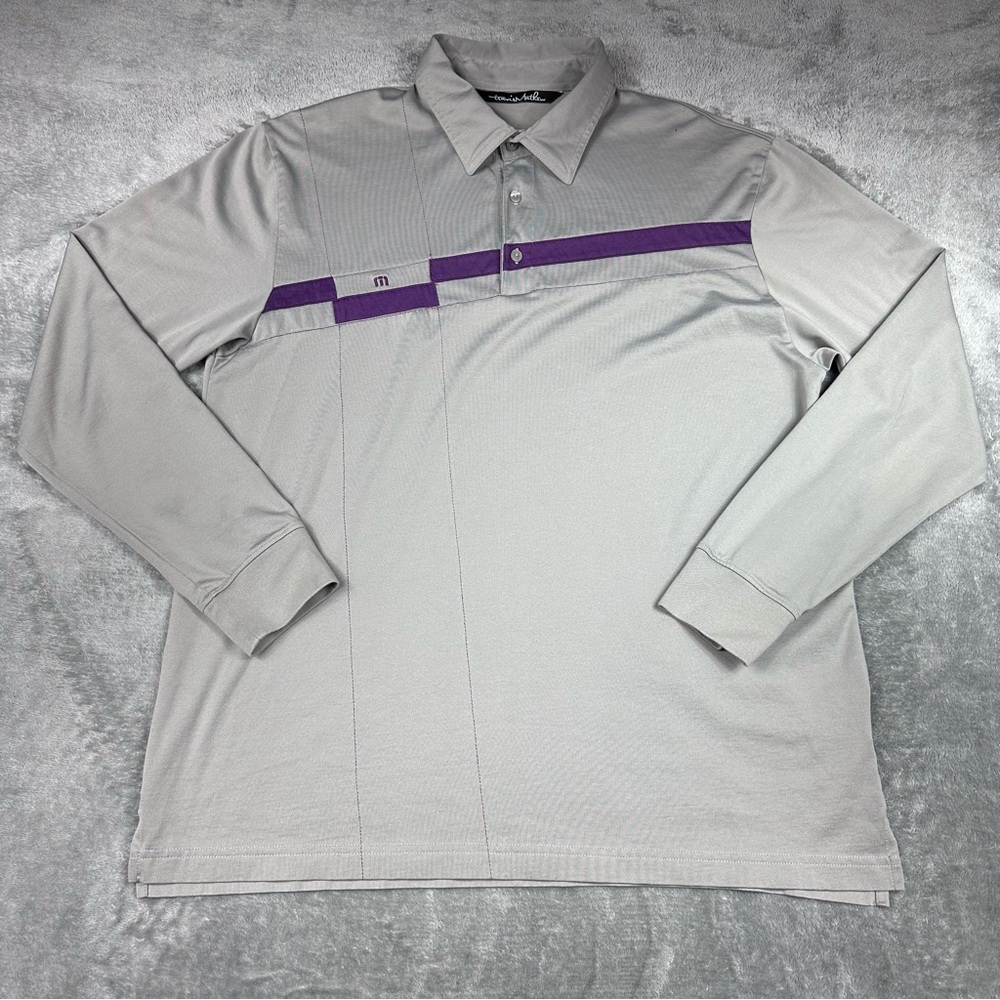 Travis Mathew Polo Shirt Mens XL Gray Purple Stripe Pima Cotton Golf Long Sleeve